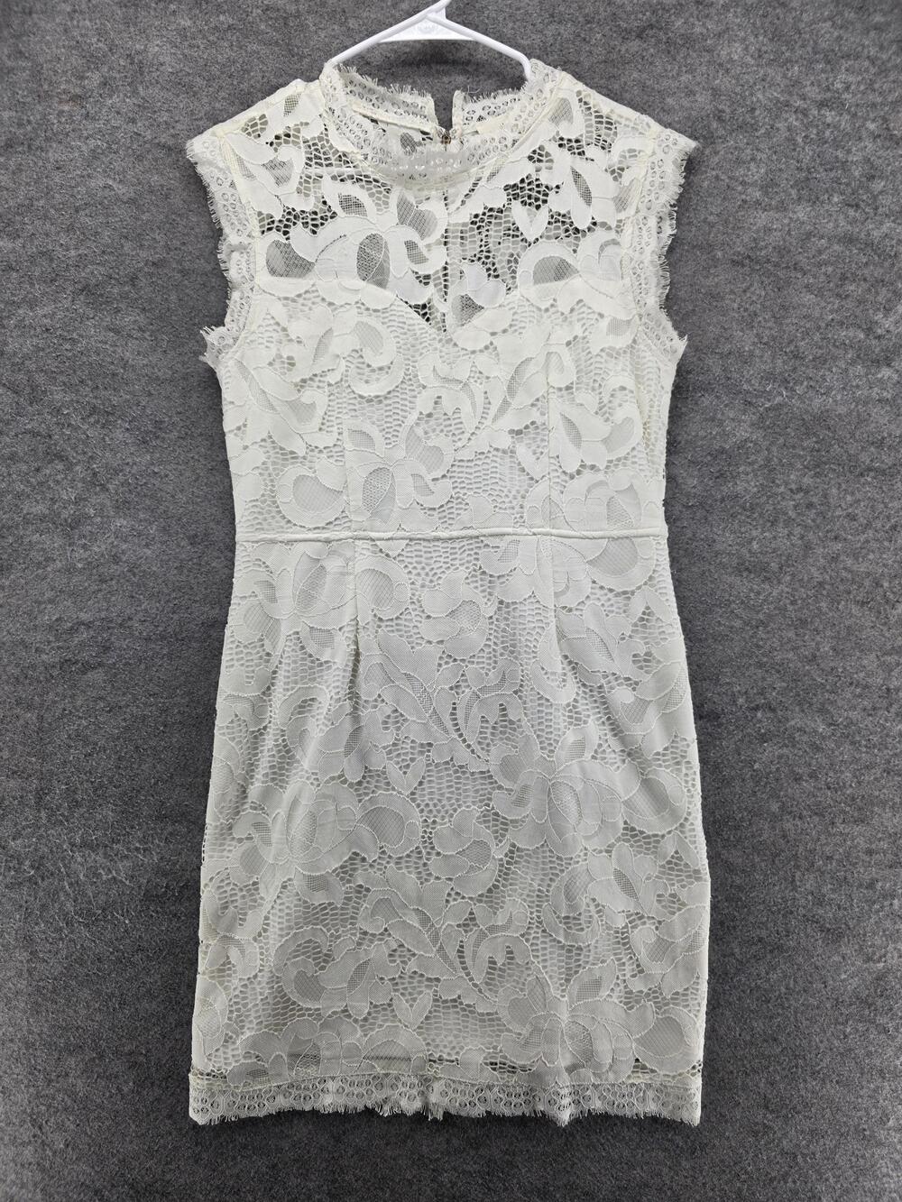 Sans Souci Dress Womens Large White Ivory Lace Mock Neck Sheath Mini Scallop Hem